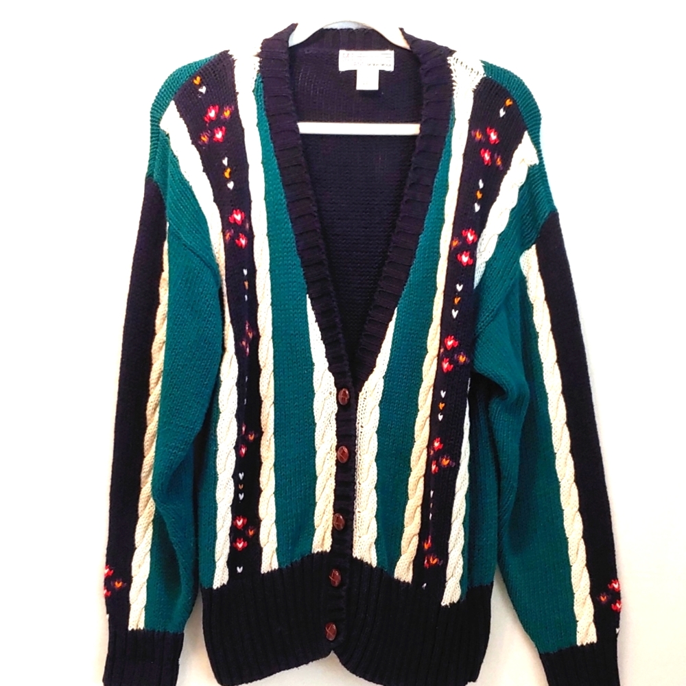Vintage Milano women coastal grandmacore chunky cable knit green cardigan Large